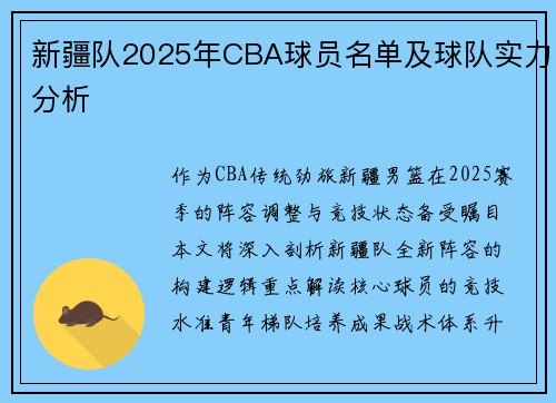 新疆队2025年CBA球员名单及球队实力分析